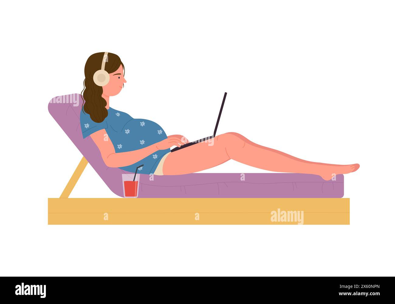 Femme enceinte dans des écouteurs écoutant de la musique couchée sur le lit de plage avec illustration vectorielle d'ordinateur portable Illustration de Vecteur