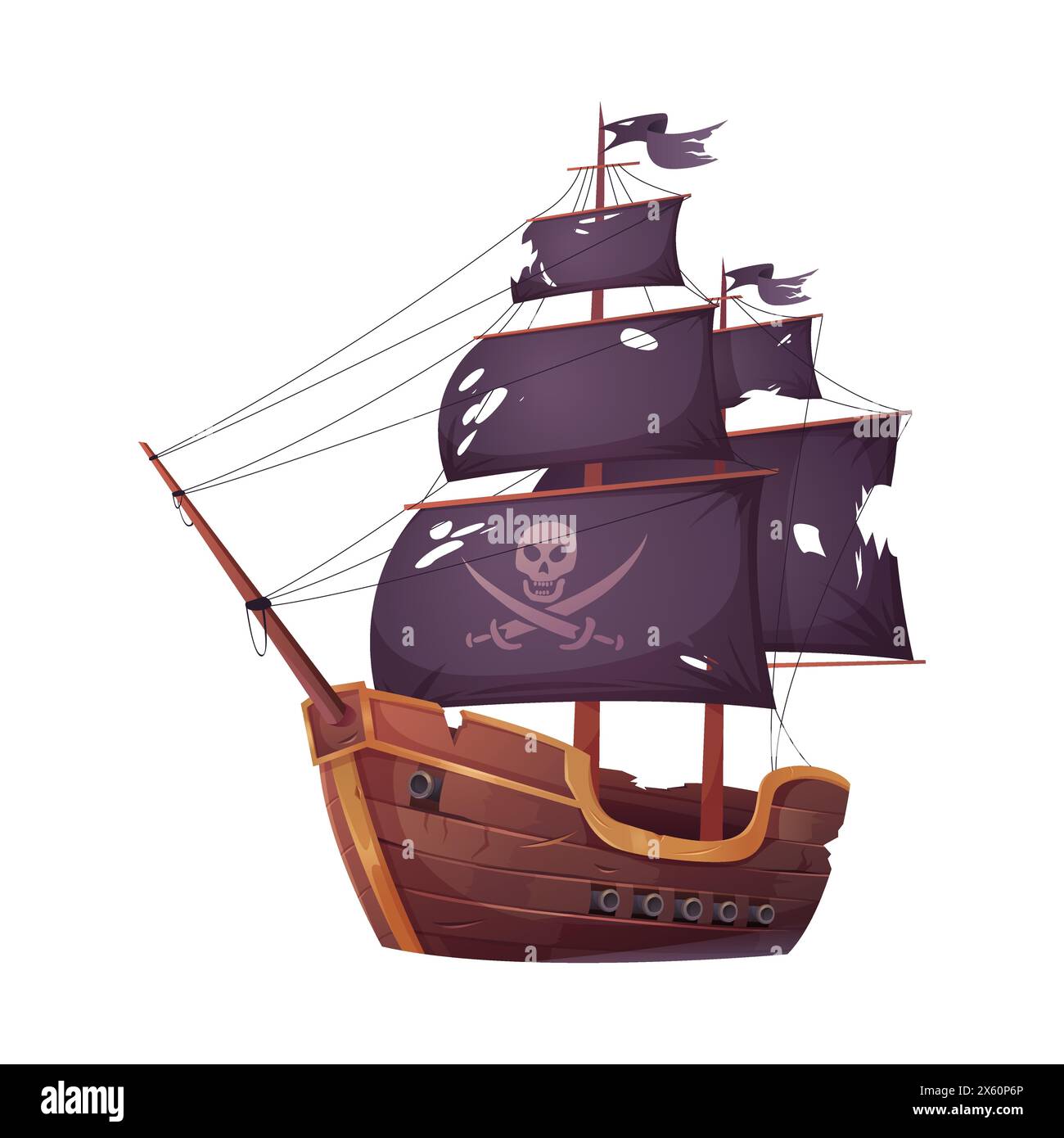 Bateau cassé pirate avec crâne et os croisés sur des voiles déchirées noires après illustration vectorielle de bataille Illustration de Vecteur