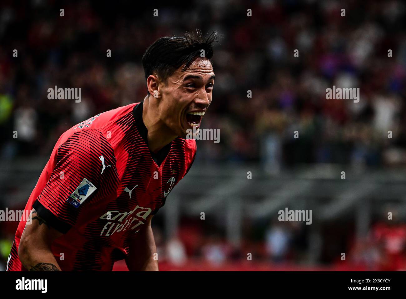 Milan, Italie, le 11 mai 2024. Tijani Reijnders, le milieu de terrain hollandais #14 d'AC Milan, célèbre après avoir marqué un but lors du match de football italien de Serie A AC Milan vs Cagliari au stade San Siro de Milan, Italie, le 11 mai 2024 crédit : Piero Cruciatti/Alamy Live News Banque D'Images