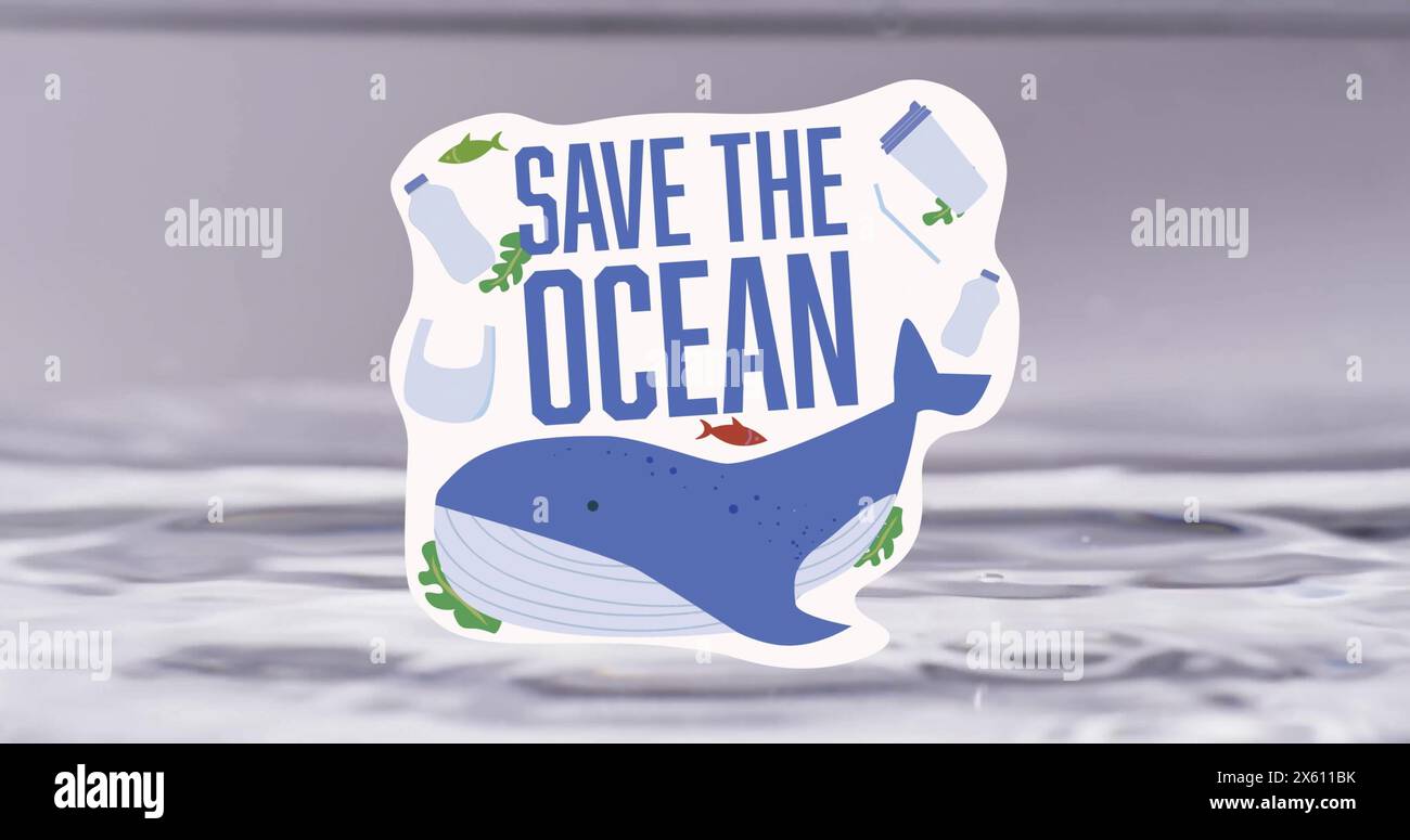 Image du texte Save Water sur le panneau avec baleine et déchets en plastique sur fond d'eau Banque D'Images