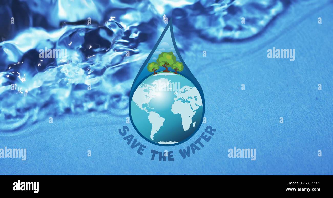 Image du texte Save Water et du globe dans la gouttelette d'eau sur fond bleu Banque D'Images