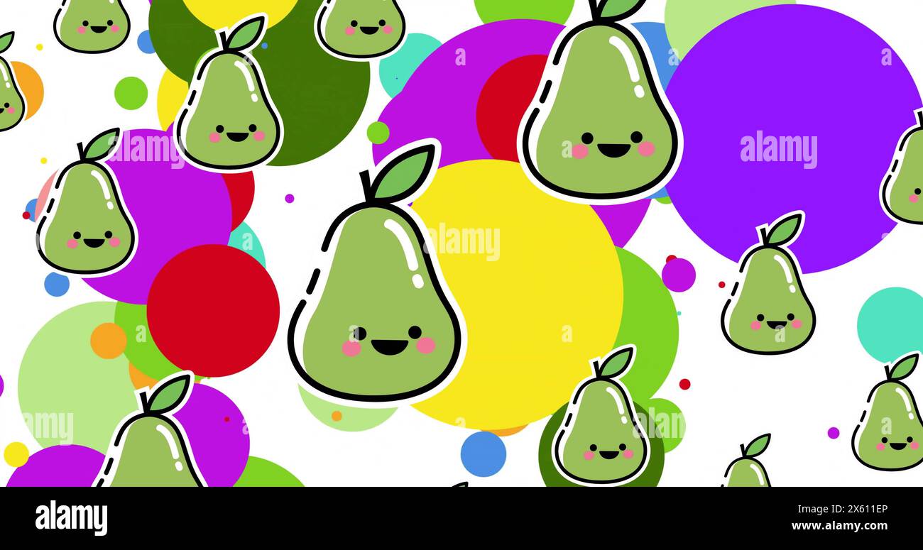 Image de cercles colorés et de personnages de poires souriantes remplissant l'écran Banque D'Images
