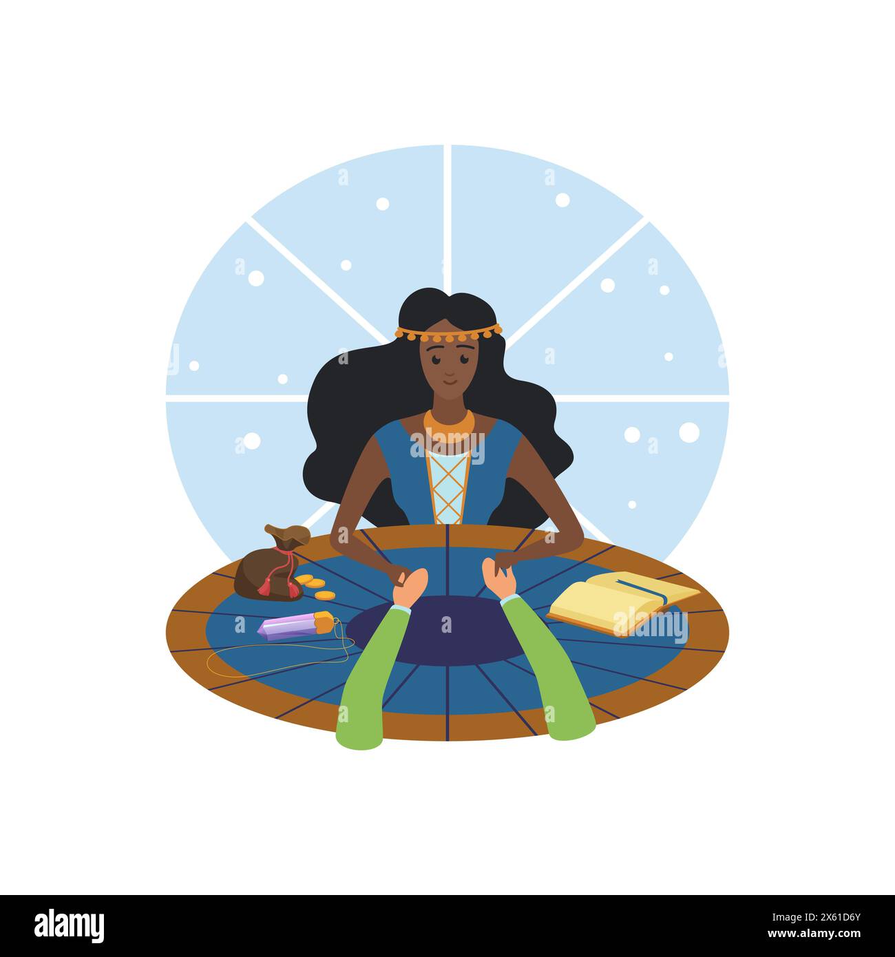 Femme gitane à table racontant des fortunes de paumes de mains de clients, illustration vectorielle de palmistie Illustration de Vecteur