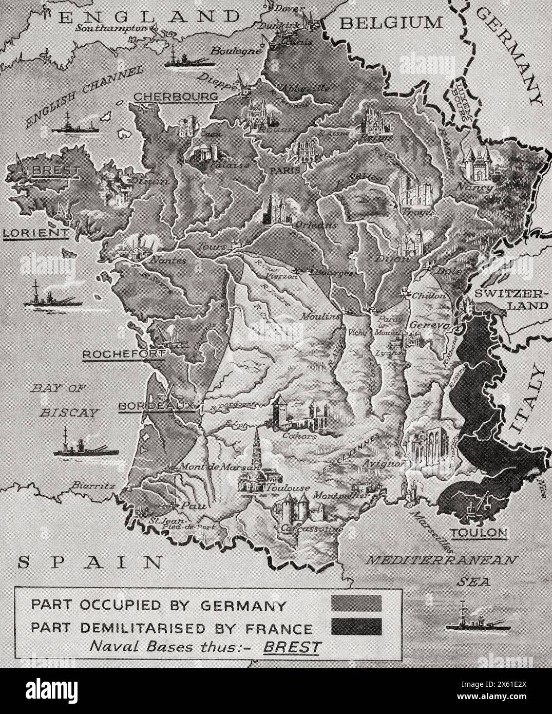 Carte montrant l'occupation et la démilitarisation de la France par l'Allemagne pendant la seconde Guerre mondiale. De la Guerre en images, première année. Banque D'Images
