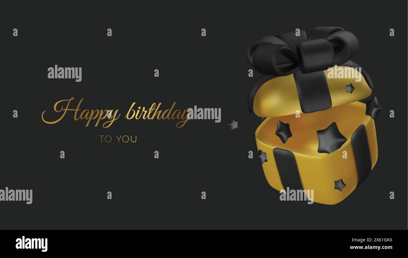 Boîte cadeau en or réaliste ouverte avec arc noir et étoile. Joyeux anniversaire. Illustration vectorielle. Illustration de Vecteur