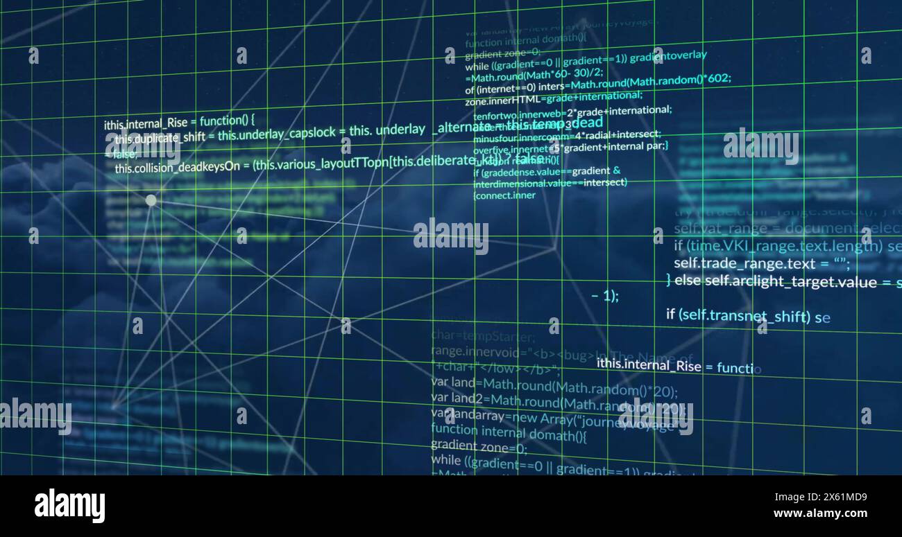 Image de points connectés et langage informatique avec motif de grille sur fond abstrait Banque D'Images