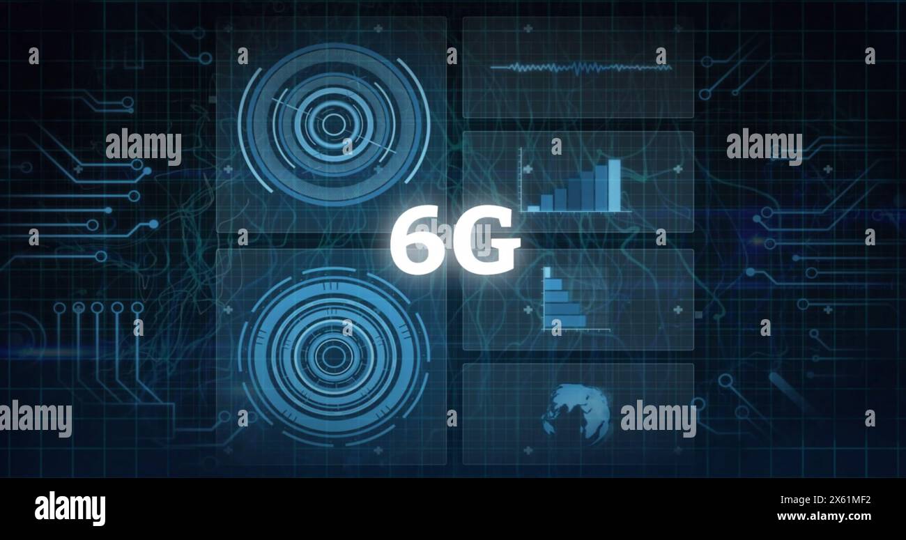 Image de texte 6g, graphiques, cercles de chargement et motif de carte de circuit imprimé sur fond noir Banque D'Images