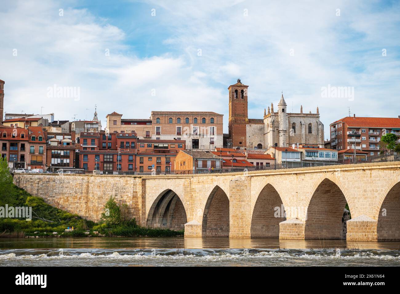 Vue panoramique sur le pont médiéval et la ville de Tordesillas à Valladolid par le fleuve Douro. Banque D'Images