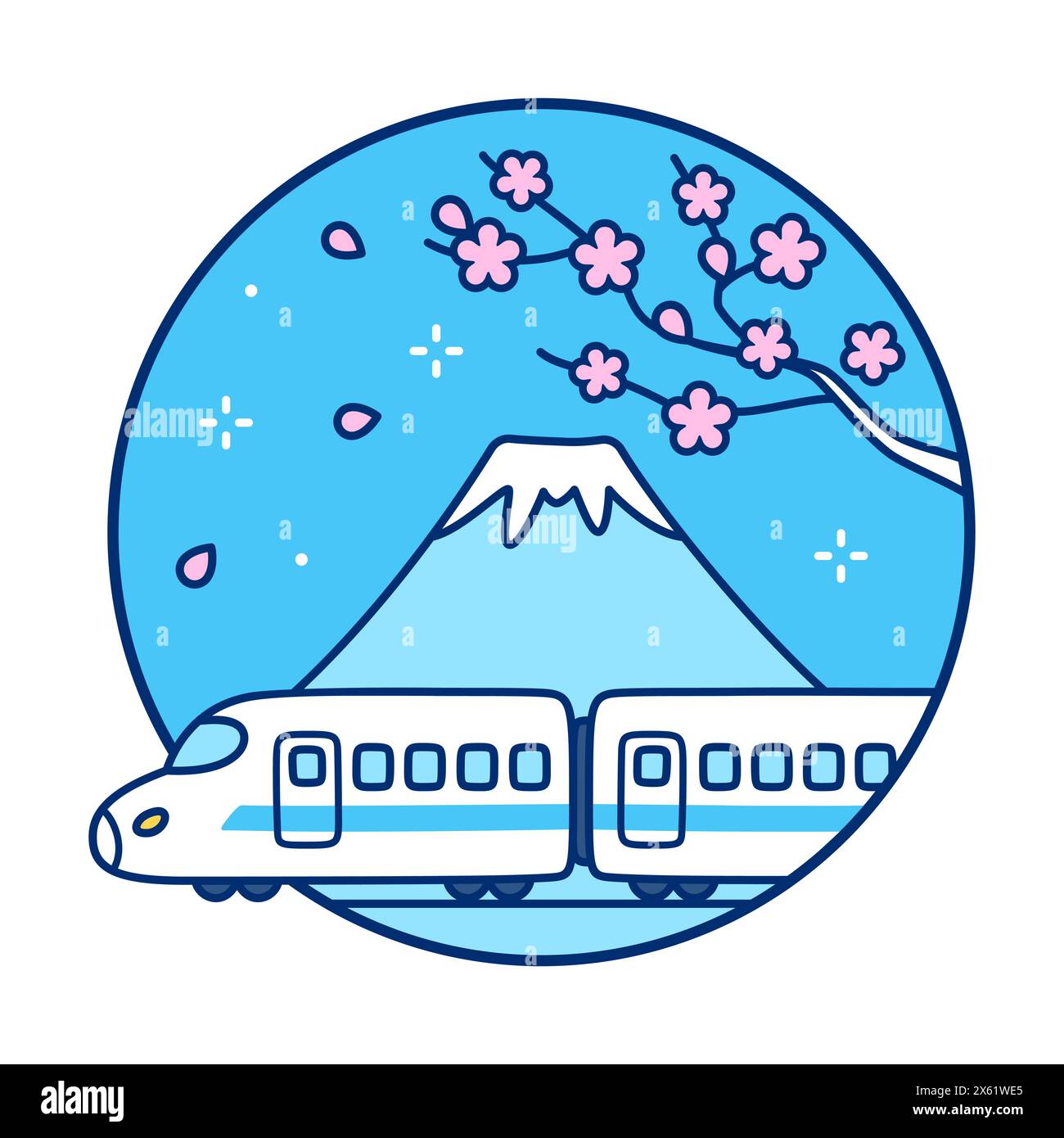 Train à grande vitesse, mont Fuji et fleur de sakura, symboles du Japon. Dessin animé doodle dans un style d'icône de ligne plate simple. Illustration vectorielle. Illustration de Vecteur