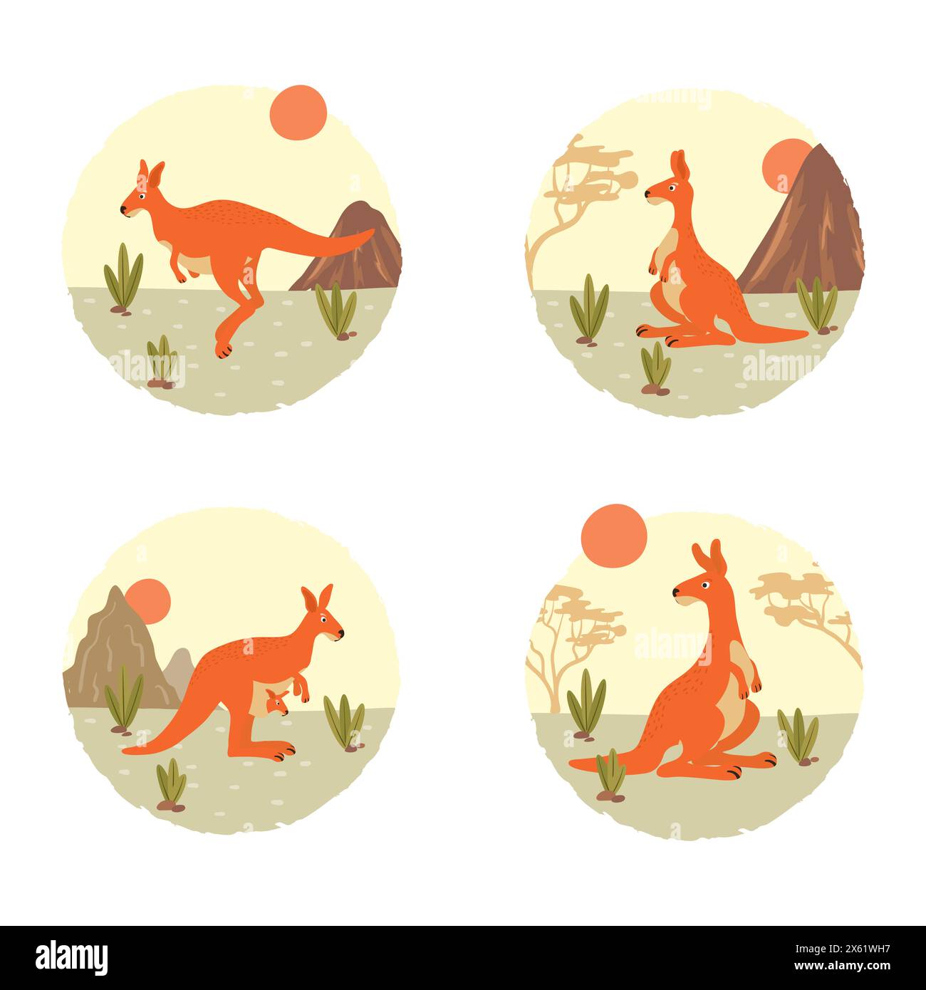 Ensemble kangourou mignon. Collection australienne d'animaux et de paysages. Illustration vectorielle Illustration de Vecteur