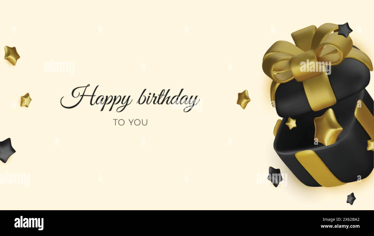 Boîte cadeau en or réaliste ouverte avec arc noir et étoile. Joyeux anniversaire. Illustration vectorielle. Illustration de Vecteur
