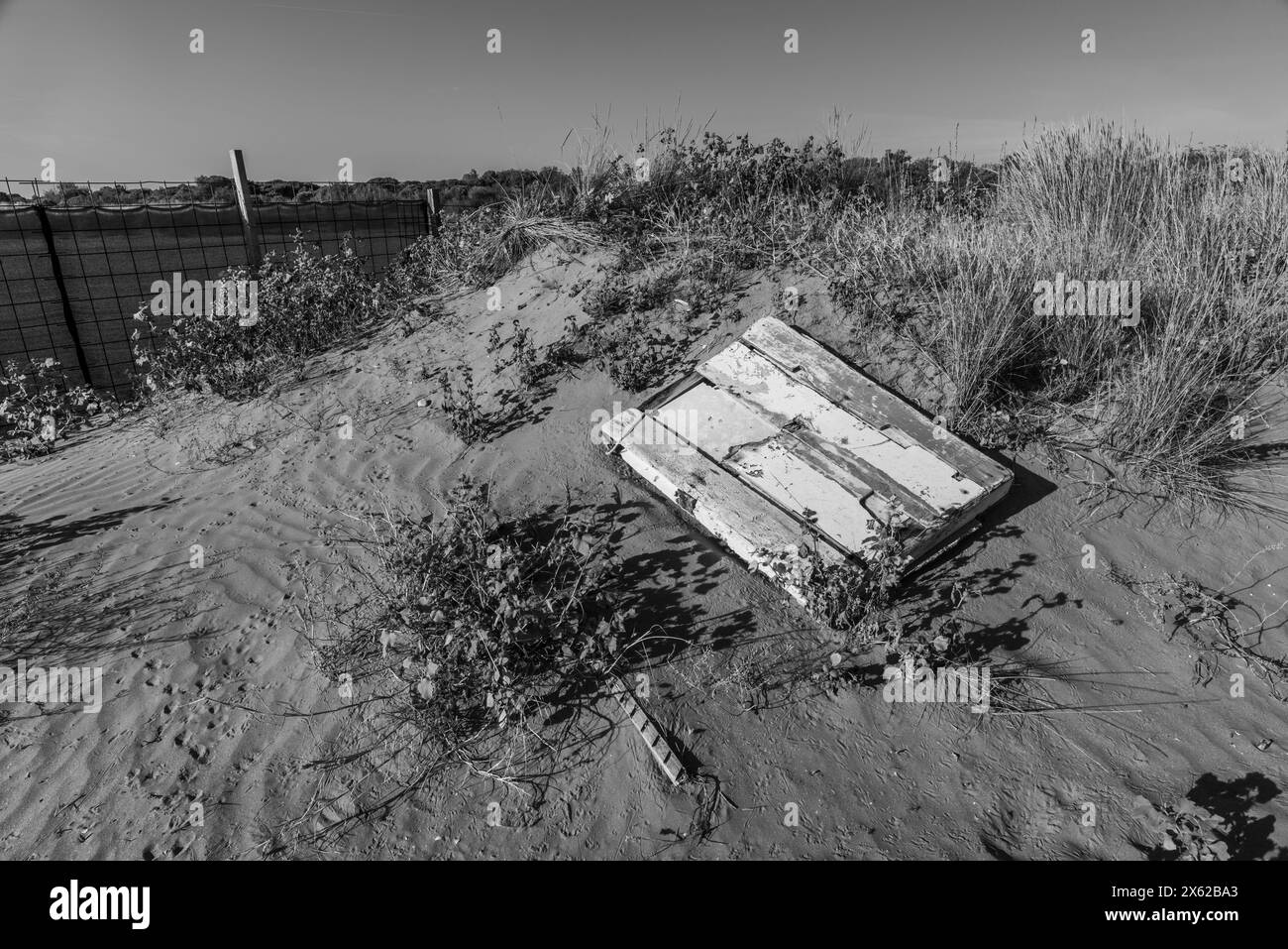 Débris abandonnés par la mer sur la plage d'hiver morceaux de bateaux de pêche lavés à terre par des tempêtes à Lido di Venezia Veneto Italie Banque D'Images