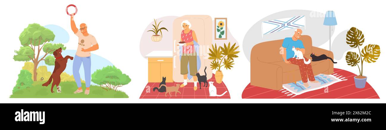 Personnages de dessins animés de personnes âgées avec illustration vectorielle d'animaux de compagnie Illustration de Vecteur