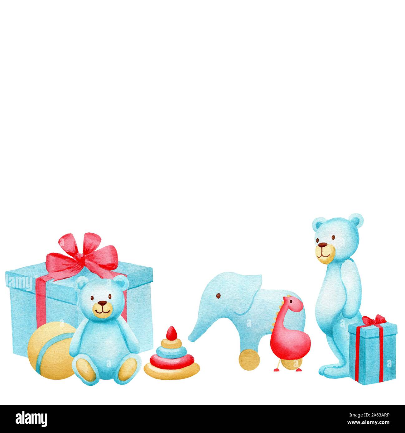 Ours en peluche bleus debout avec boule jaune, pyramide, dinosaure rouge, boîtes cadeaux bleues, éléphant. Aquarelle Cute Baby illustration dessinée à la main pour postcar Banque D'Images