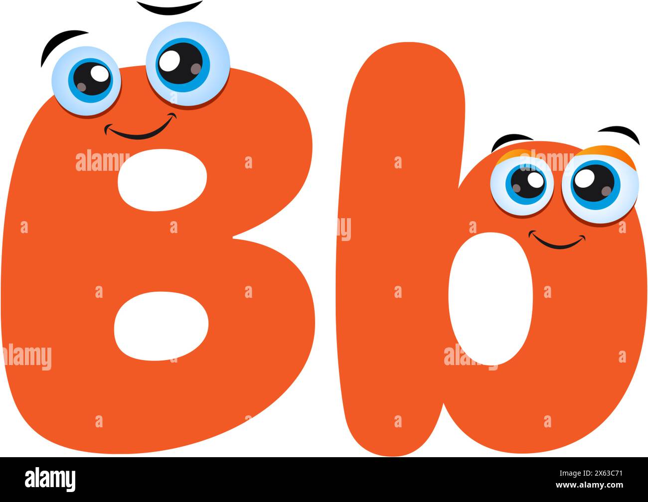 Orange Cute Cartoon illustration de majuscules et minuscules lettre B. caractères alphabétiques illustrés avec des yeux drôles. Lettre drôle d'enfants avec des yeux. Illustration de Vecteur