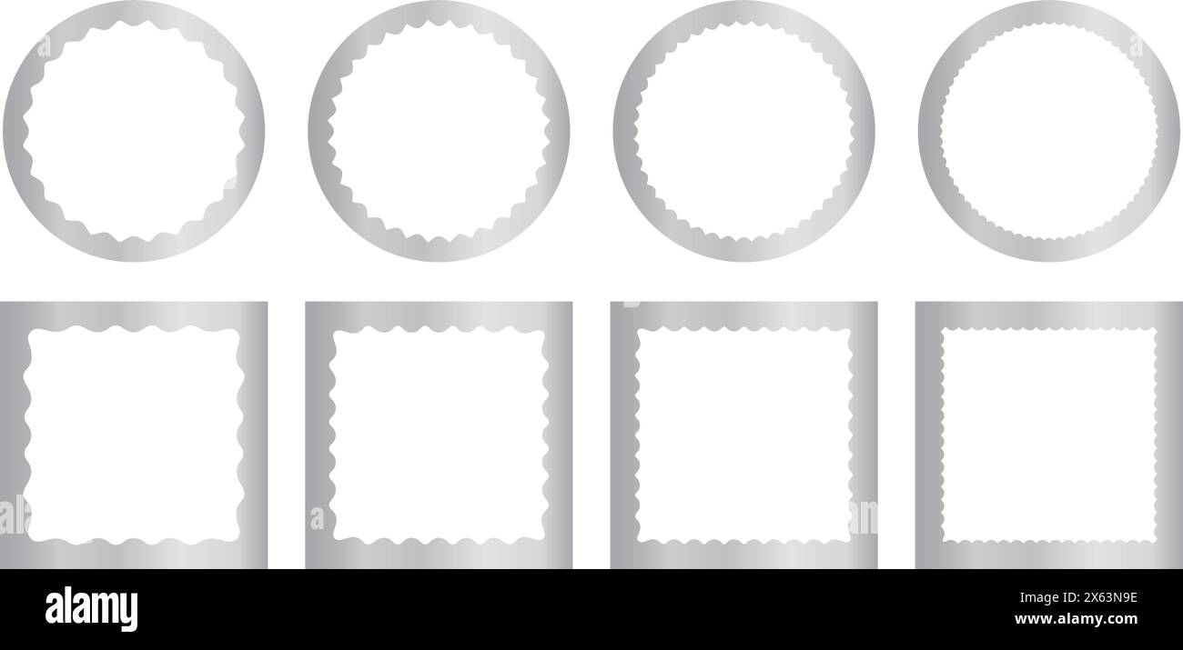 Ensemble de miroir carré et rond argenté brillant, cadre photo ou photo avec bordures intérieures ondulées. Eléments de conception de décoration. Autocollants métalliques isolés sur fond blanc. Illustration vectorielle. Illustration de Vecteur