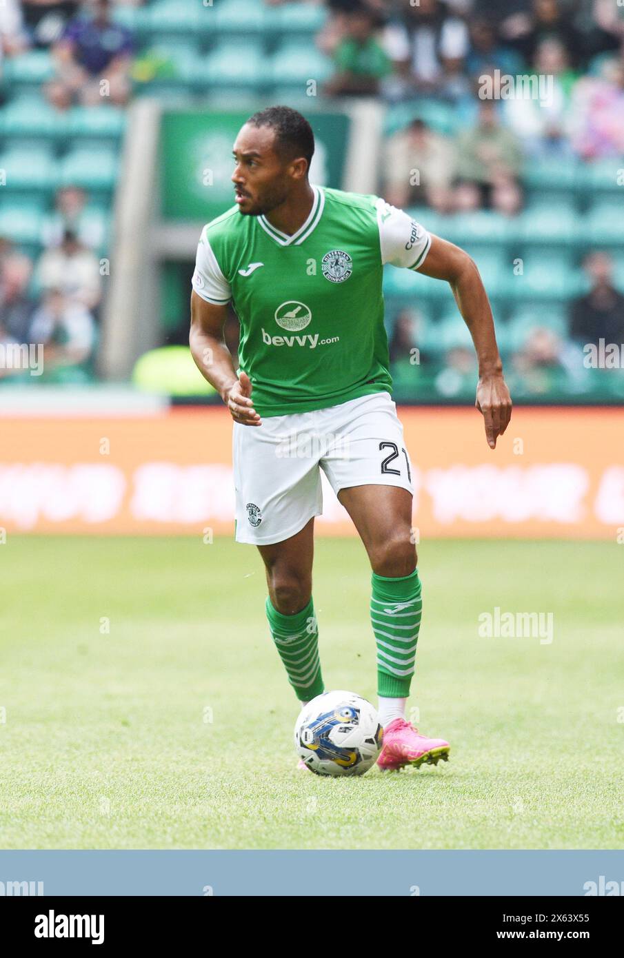 Stade Easter Road, Édimbourg. Scotland UK.12th mai 24 Hibernian vs Aberdeen Cinch Premiership match. Jordan Obita of Hibernian Credit : eric mccowat/Alamy Live News Banque D'Images