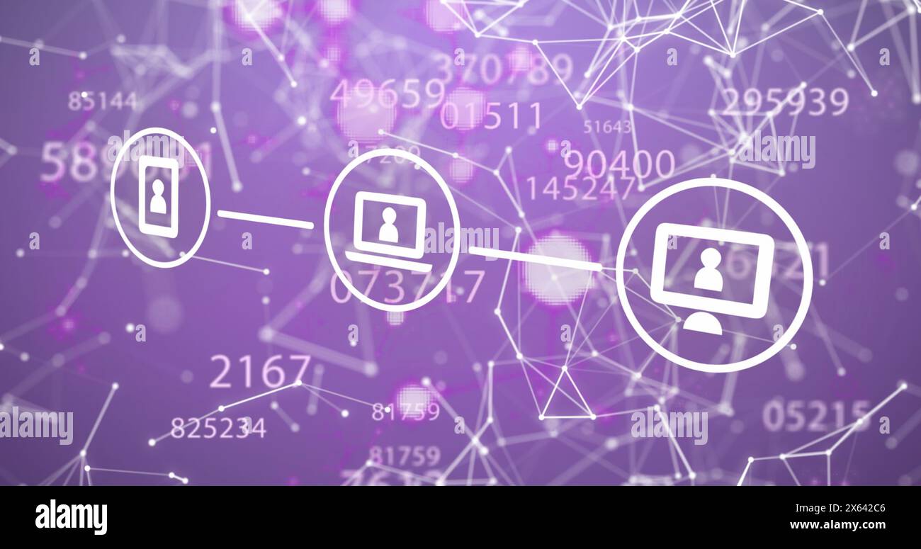 Illustration de l'organigramme des icônes sur des points connectés et des numéros changeants sur fond violet Banque D'Images