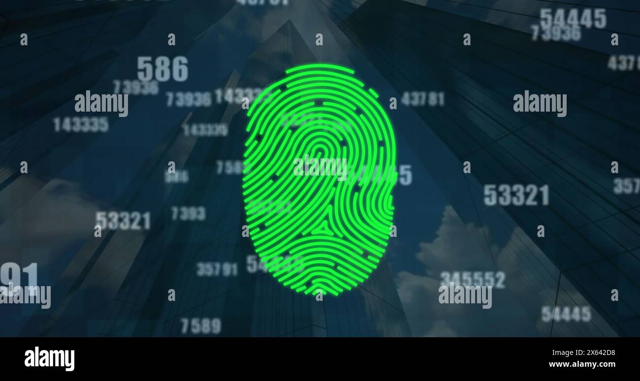 Image de numérisation d'empreintes digitales, de chiffres changeants, de vue à faible angle des bâtiments contre le ciel nuageux Banque D'Images