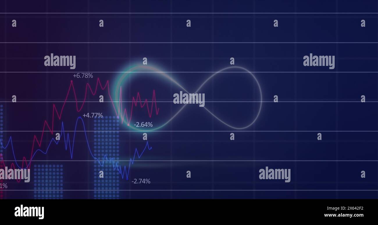 Image d'un symbole d'infini au néon sur le traitement des données statistiques sur fond bleu Banque D'Images Image d'un symbole d'infini au néon sur le traitement des données statistiques sur fond bleu Banque D'Images