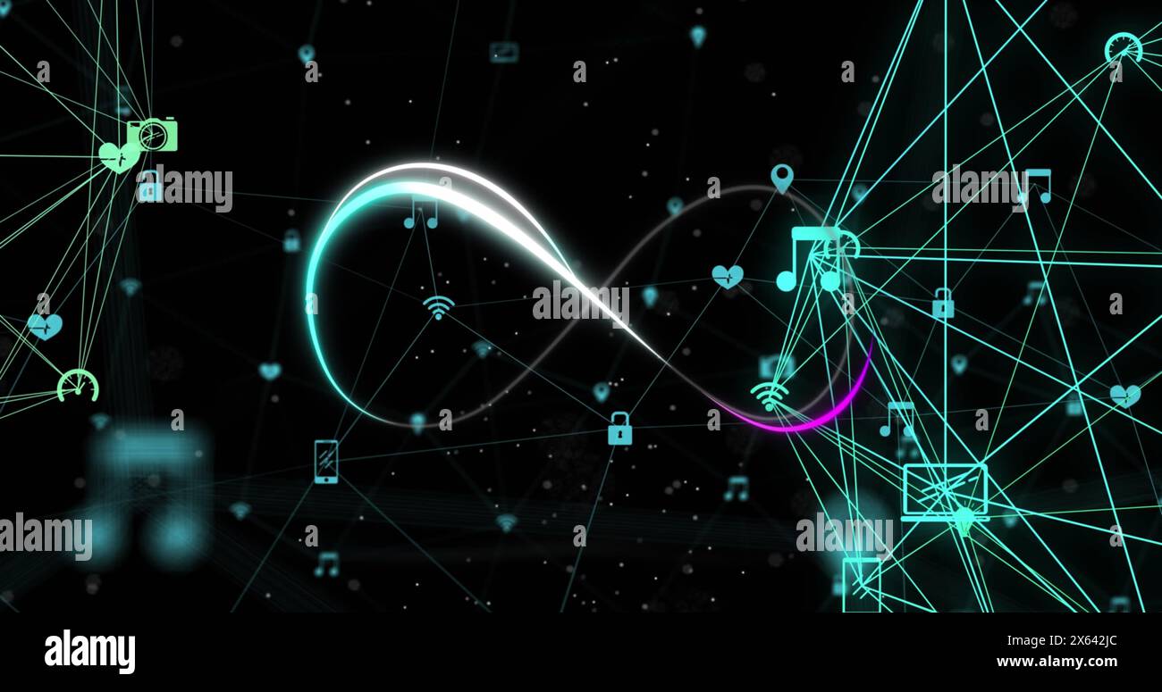 Image du symbole de l'infini sur des icônes connectées formant des globes sur fond noir Banque D'Images Image du symbole de l'infini sur des icônes connectées formant des globes sur fond noir Banque D'Images