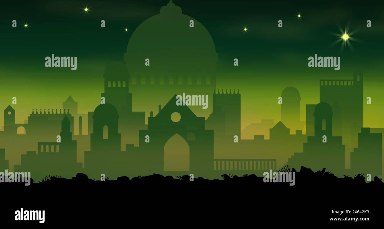 Image de silhouettes de divers bâtiments sous le ciel étoilé dominent Banque D'Images