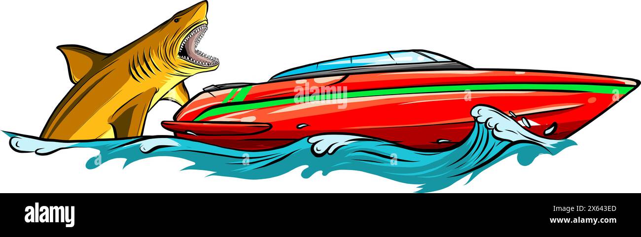 Requin affamé avec un gros bateau d'attaque à mâchoires de l'eau. Illustration de Vecteur