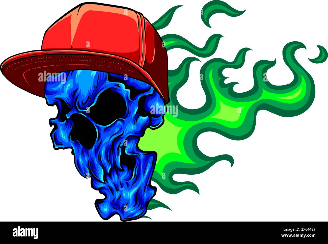 Illustration du crâne rouge avec chapeau jaune et logo vectoriel bleu sur fond blanc. tirage numérique Illustration de Vecteur