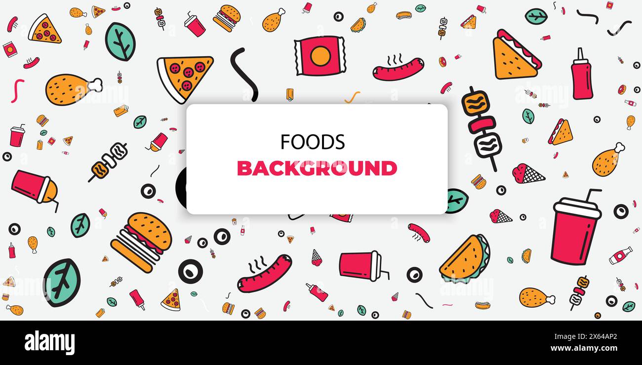 motif alimentaire sans couture avec des couleurs d'icône modernes. nourriture, pizza, hamburgers, boissons, sauces et sandwichs, arrière-plan vectoriel Illustration de Vecteur