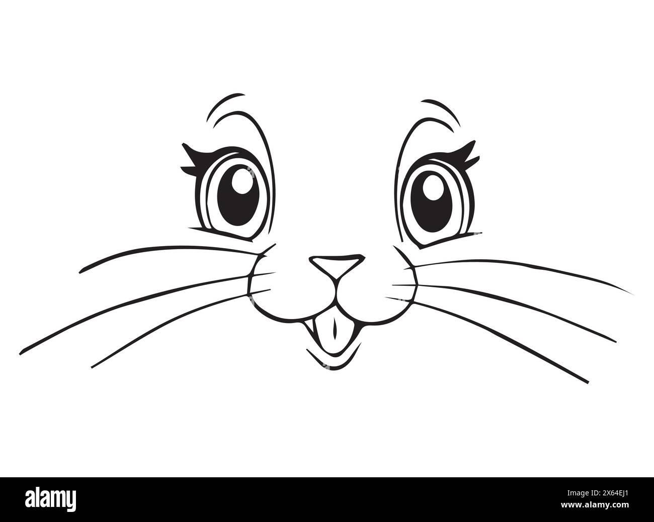 Dessin de contour de visage d'animal, visage de chat mignon avec les yeux et le nez, fauve, animal de compagnie, mascotte. Tête souriante de la bête. Dessin vectoriel de ligne pour les enfants, brodé Illustration de Vecteur
