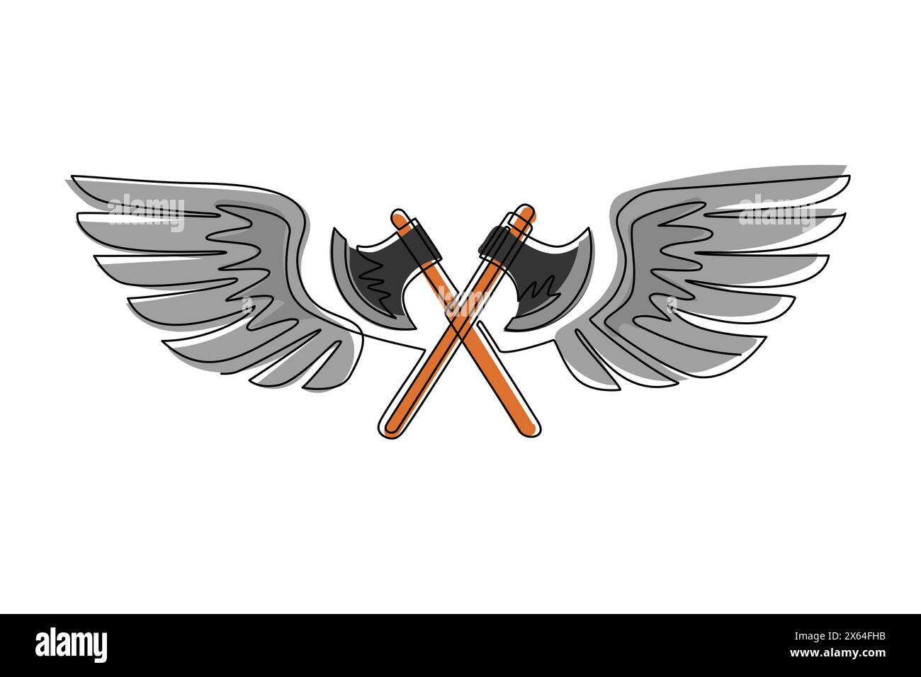 Simple une ligne dessinant deux axes croisés volent avec des ailes. EQUIPEMENT pour bûcheron ou pompier. Logo ailé à deux axes croisés avec une extension élégante Illustration de Vecteur