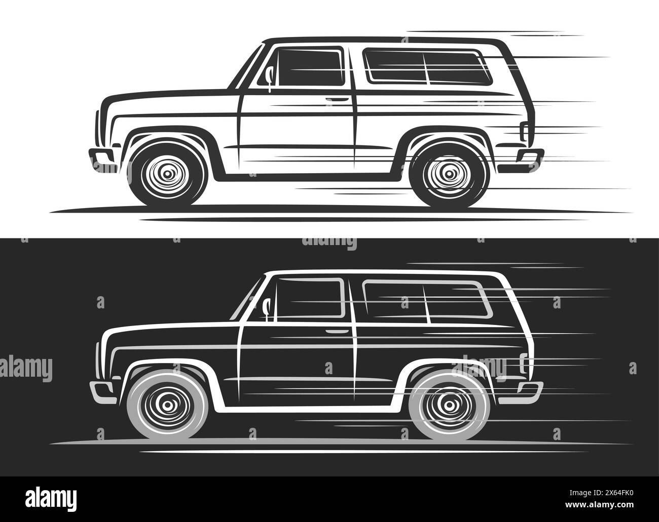 Logo vectoriel pour voiture hors route, bannière décorative automobile avec illustration de contour simple du véhicule utilitaire sport monochrome d'art en mouvement, R Illustration de Vecteur