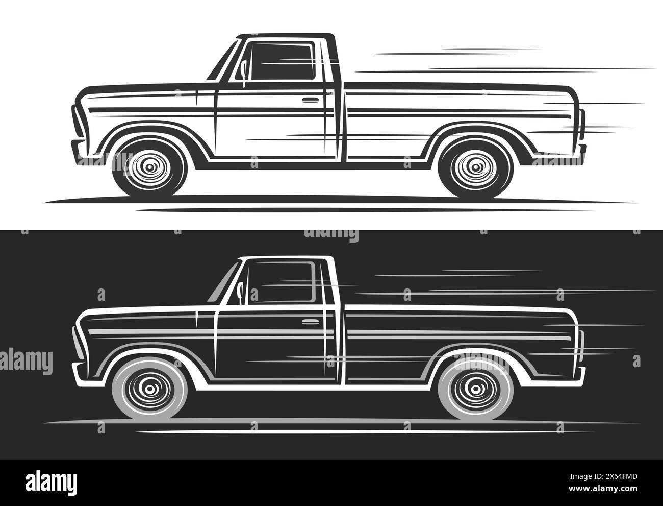 Logo vectoriel pour camionnette, bannières décoratives horizontales avec illustration simple de contour de camionnette américaine monochrome en mouvement, dessiné à la main Illustration de Vecteur