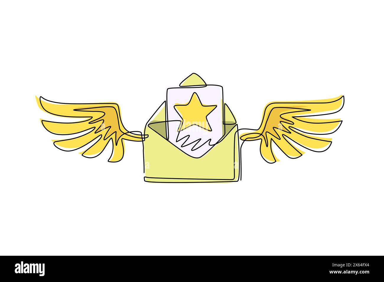 Une seule ligne continue dessinant une enveloppe de courrier ouverte volante avec une image en étoile et des ailes. Lire le message entrant. Décoration pour cartes de vœux, affiches. O Illustration de Vecteur