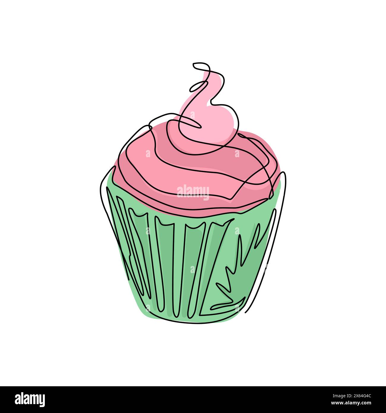 Cupcake à dessin continu d'une ligne avec logo crème et cerise. Dessin à la main art dessert thème avec muffin et cerise rouge pour logo isolé. Minimalis Illustration de Vecteur