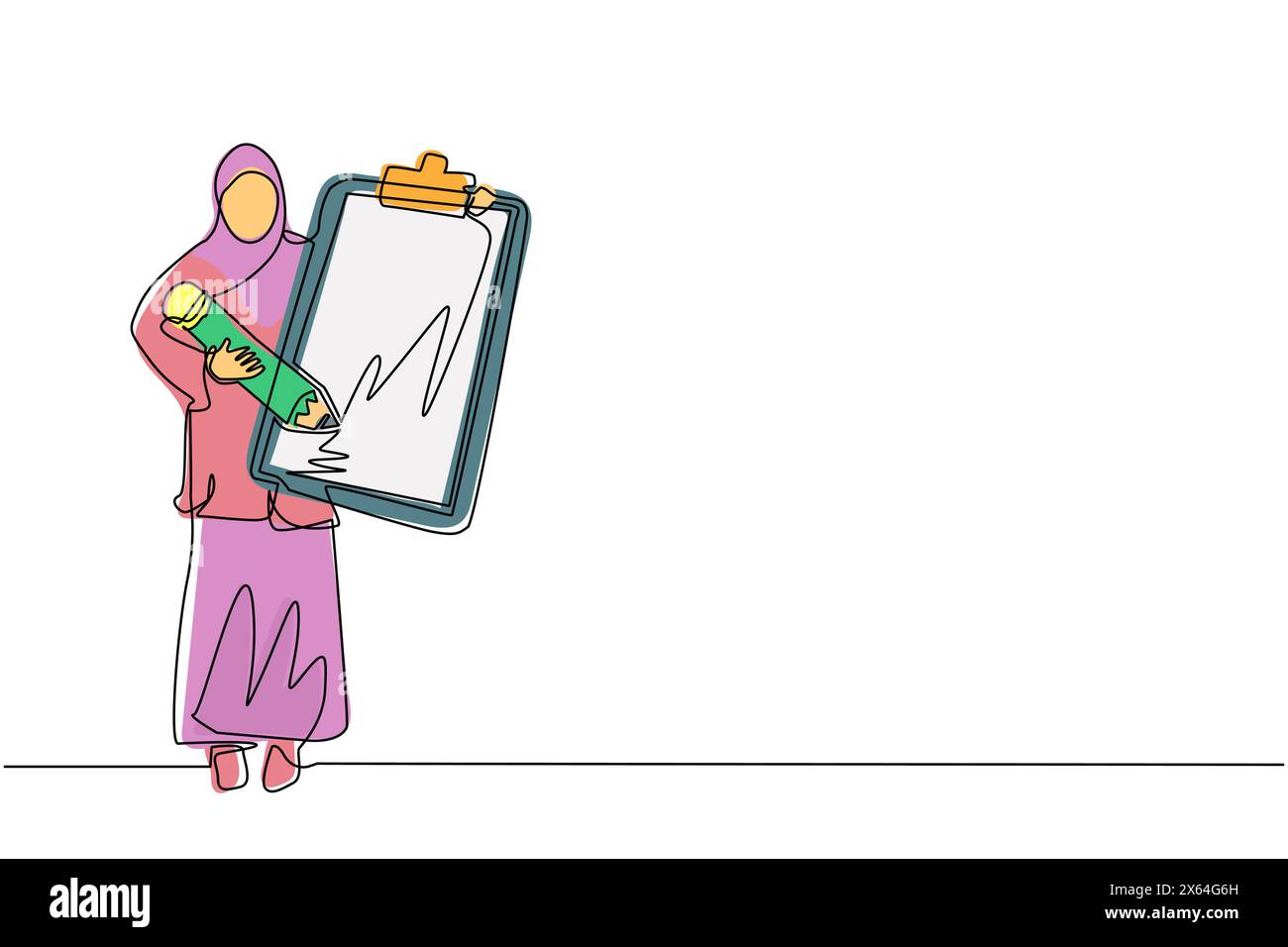 Simple une ligne dessinant femme d'affaires arabe tenant le presse-papiers avec la liste de contrôle. Plan de réussite de l'entreprise terminé. Calendrier de planification de la réalisation des objectifs. Illustration de Vecteur