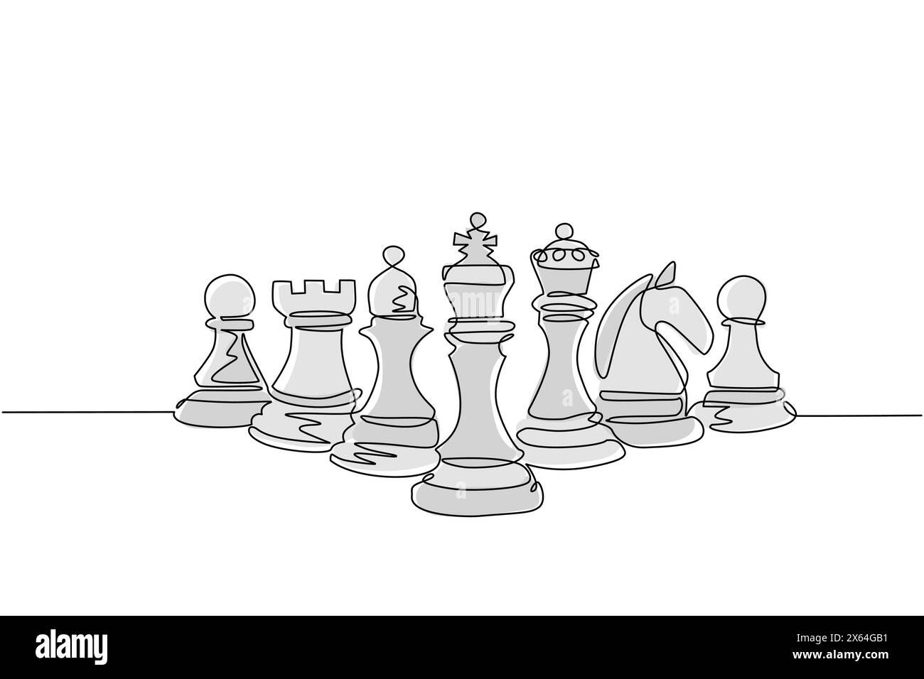 Simple une ligne dessinant des pièces d'échecs alignées, luxe dessiné à la main ou gravure. Roi, reine, évêque, chevalier, tour, pion. Concept de réussite de leader. Continue Illustration de Vecteur