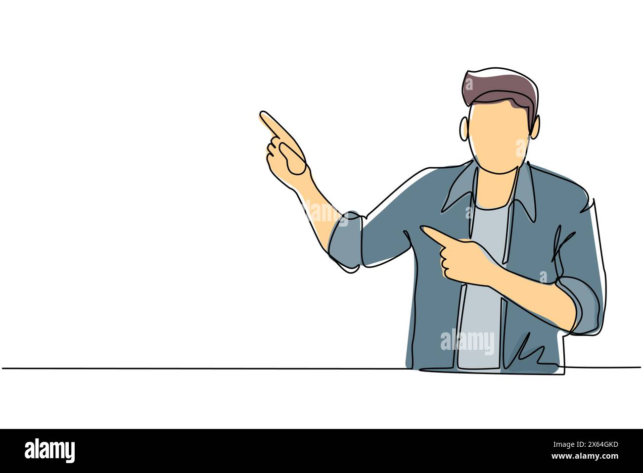 Une seule ligne dessinant le jeune homme pointant les mains ensemble et montrant ou présentant quelque chose tout en étant debout et souriant. Émotion et languettes corporelles Illustration de Vecteur