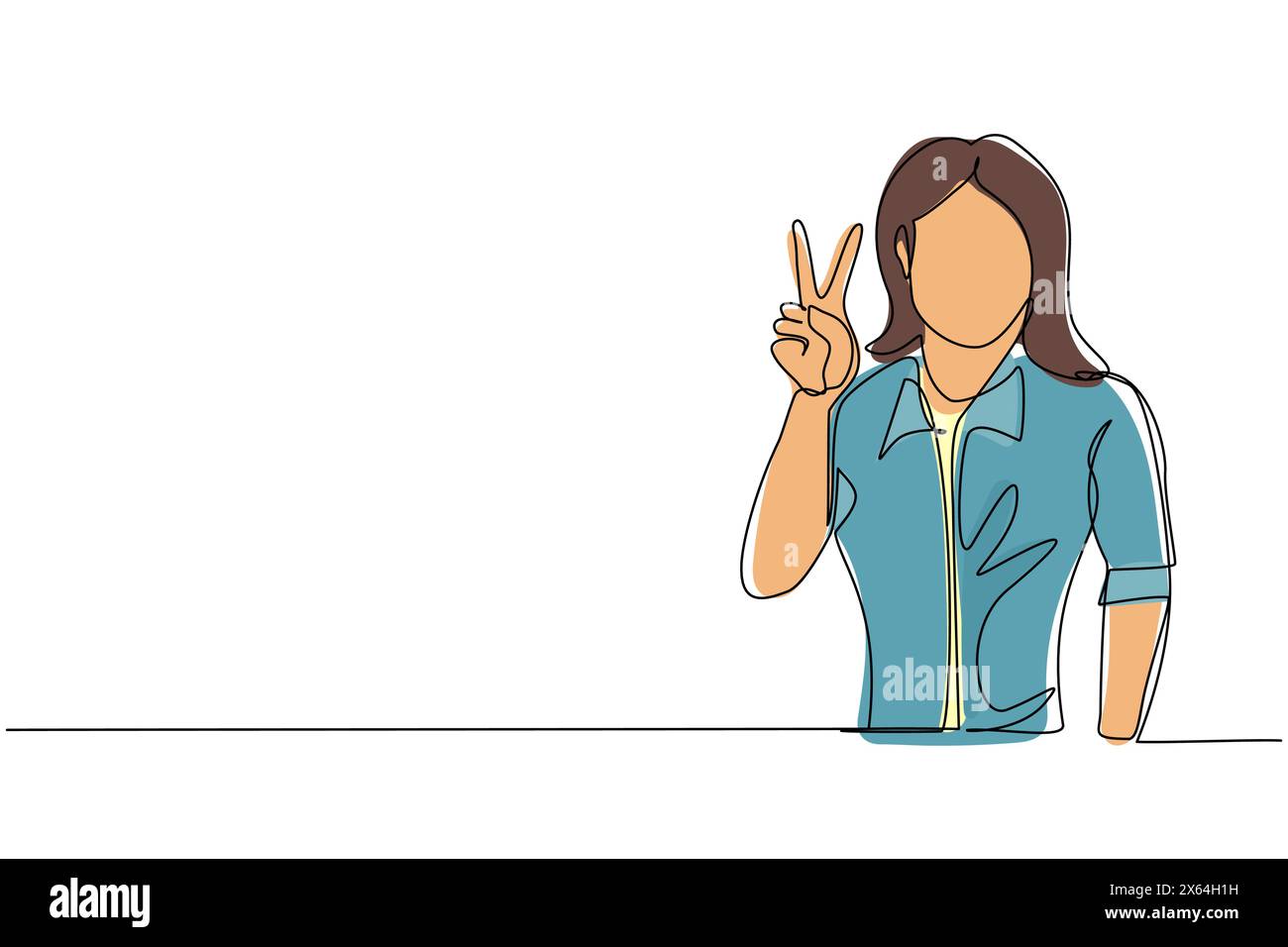 Une seule ligne continue dessinant la femme souriante montre le signe de la victoire. Jeune femme d'affaires geste succès. Femme faisant signe de victoire. Signe de réussite Illustration de Vecteur