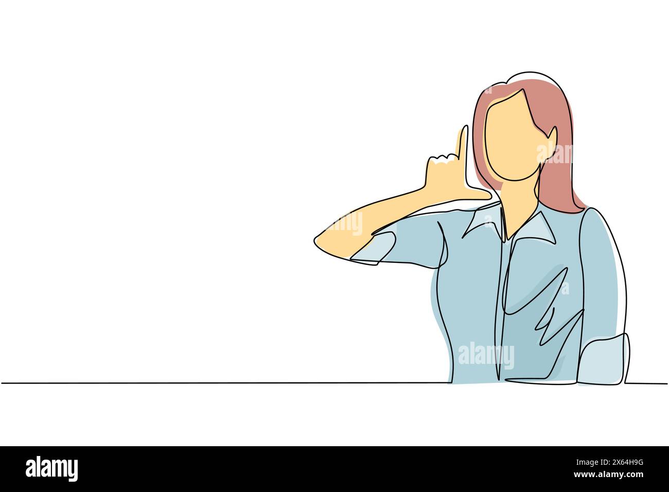 Simple une ligne dessinant femme malheureuse montrant le signe du perdant sur le front avec les doigts. Personne tendance stressée faisant des gestes de la main sur la tête. Femelle fabriquant « l » Illustration de Vecteur