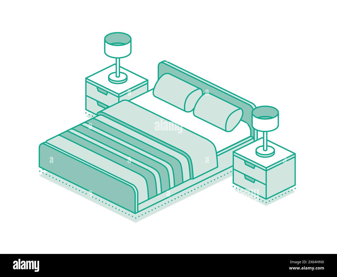 Lit isométrique avec couverture, oreillers et deux tables de nuit avec lampes. Illustration vectorielle. Esquissez les objets isolés sur fond blanc. Illustration de Vecteur