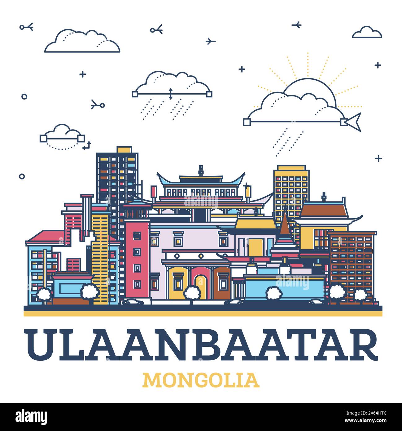Contour Ulaanbaatar Mongolie City Skyline avec des bâtiments historiques colorés isolés sur blanc. Illustration vectorielle. Paysage urbain d'Ulaanbaatar avec des monuments Illustration de Vecteur