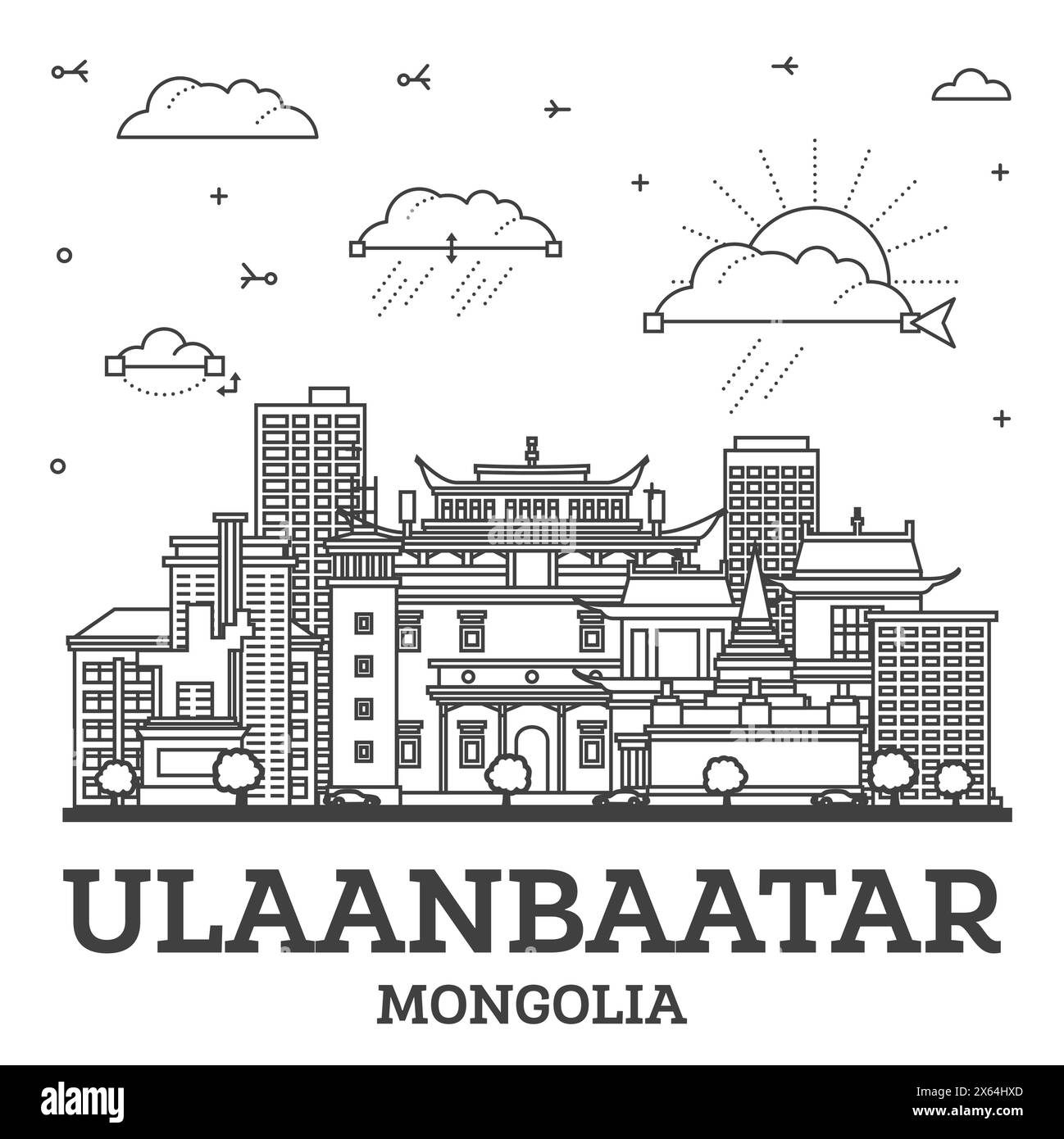 Contour Oulan-Bator Mongolie City Skyline avec des bâtiments modernes et historiques isolés sur blanc. Illustration vectorielle. Paysage urbain d'Ulaanbaatar. Illustration de Vecteur