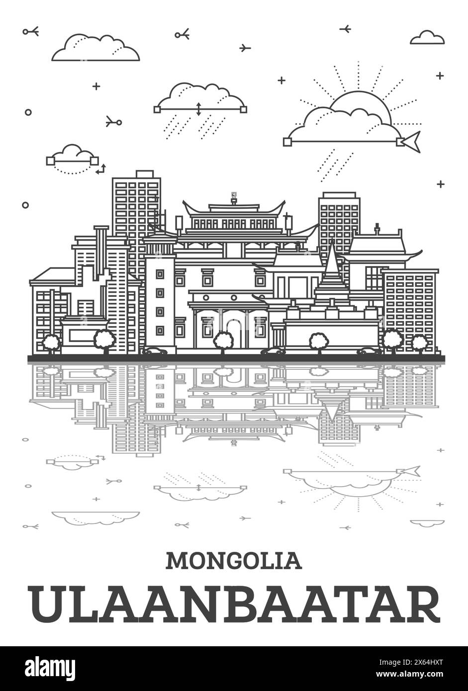 Contour Oulan-Bator Mongolie City Skyline avec bâtiments historiques et reflets isolés sur blanc. Illustration vectorielle. Paysage urbain d'Ulaanbaatar. Illustration de Vecteur