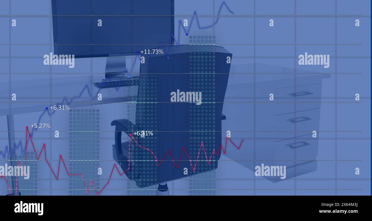 Image de plusieurs graphiques avec des nombres changeants, chaise inoccupée et bureau dans le bureau Banque D'Images