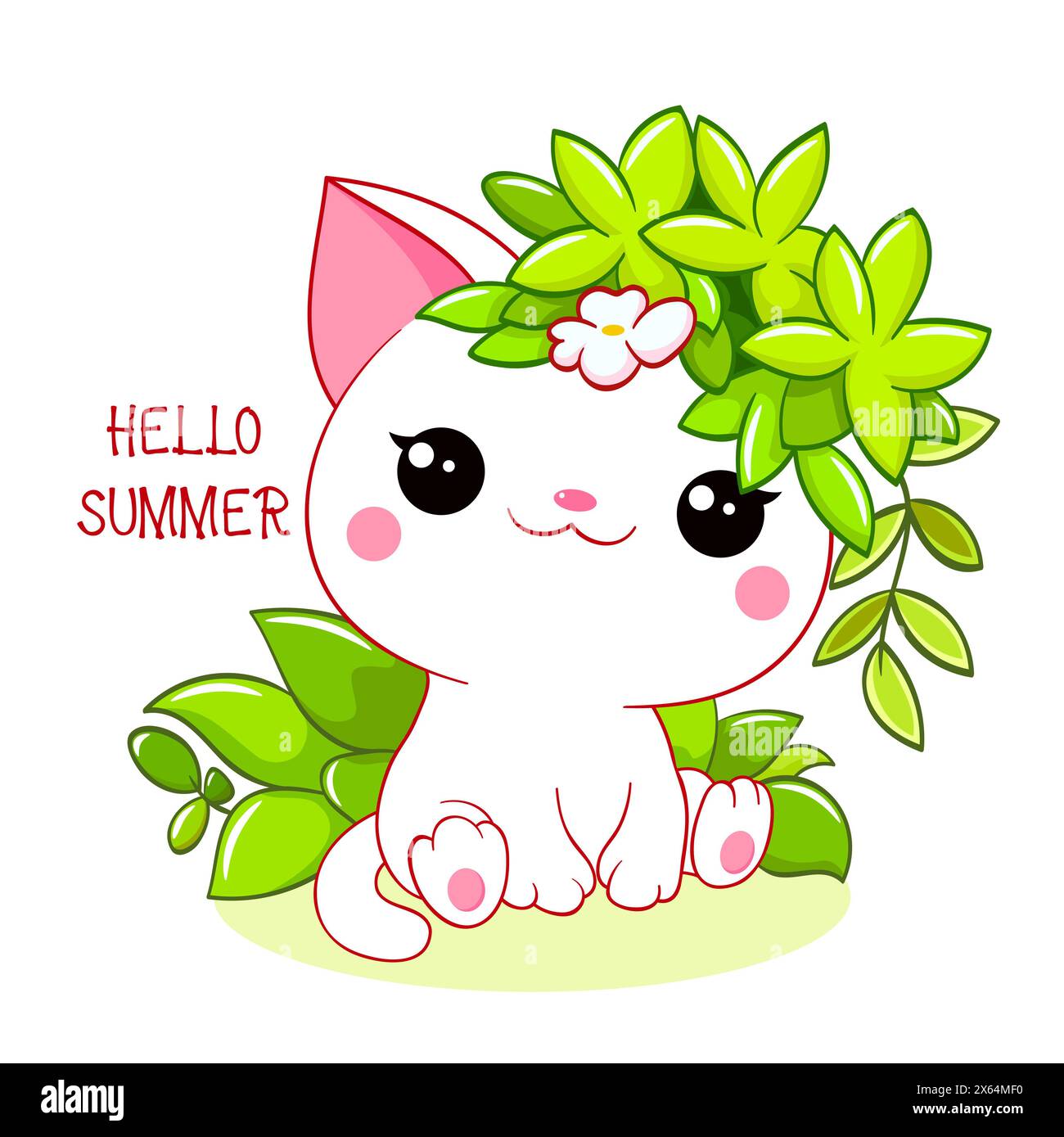 Carte de saison mignonne en style kawaii. Joli petit chat avec des feuilles vertes. Inscription Bonjour l'été. Peut être utilisé pour l'impression de t-shirt, les autocollants, la voiture de voeux Banque D'Images