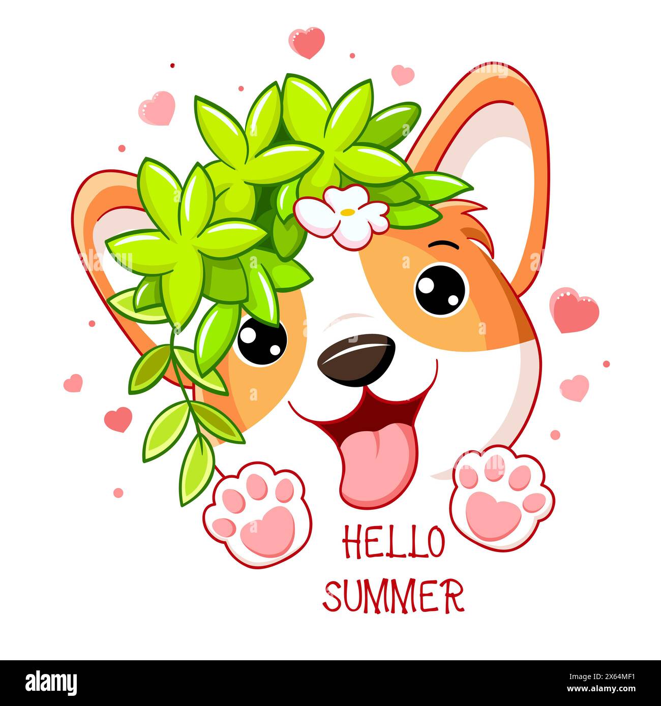 Carte de saison mignonne en style kawaii. Petit chiot Corgi avec des feuilles vertes. Inscription Bonjour l'été. Peut être utilisé pour l'impression de t-shirt, les autocollants, les salutations env Banque D'Images