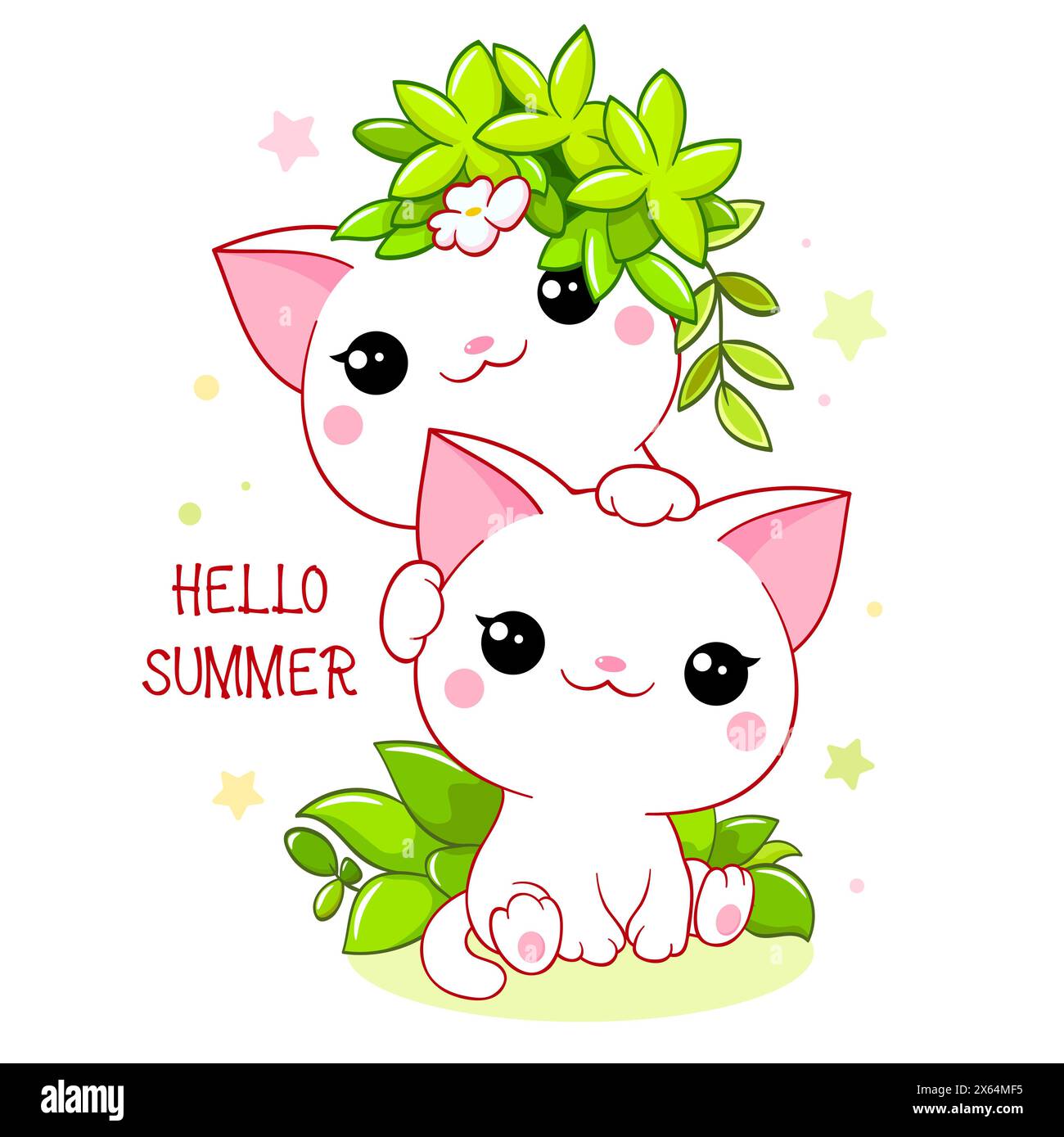 Carte de saison mignonne en style kawaii. Deux adorables petits chats aux feuilles vertes. Inscription Bonjour l'été. Peut être utilisé pour l'impression de t-shirt, autocollants, greetin Banque D'Images