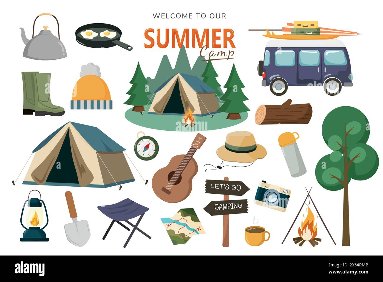 Ensemble d'articles de camping d'été. Voyages estivaux et pique-nique. Accessoires de tourisme et d'aventure. Appareil photo, sac à dos de vacances, feu de camp, remorque. Motif plat Illustration de Vecteur