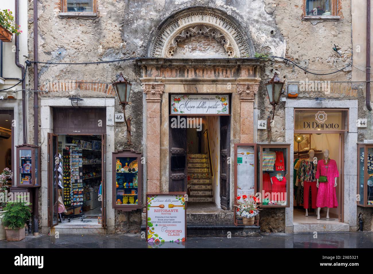 Taormina, Sicile, Italie. Museo della pâtes. Musée des pâtes. Restaurant sur le toit, cours de cuisine. Banque D'Images
